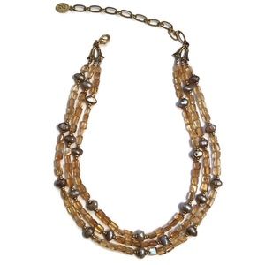 MICHAEL GOLAN NECKLACE 3 STRAND GOLD BEADS GRAY FRESHWATER PEARLS CHOKER 14”